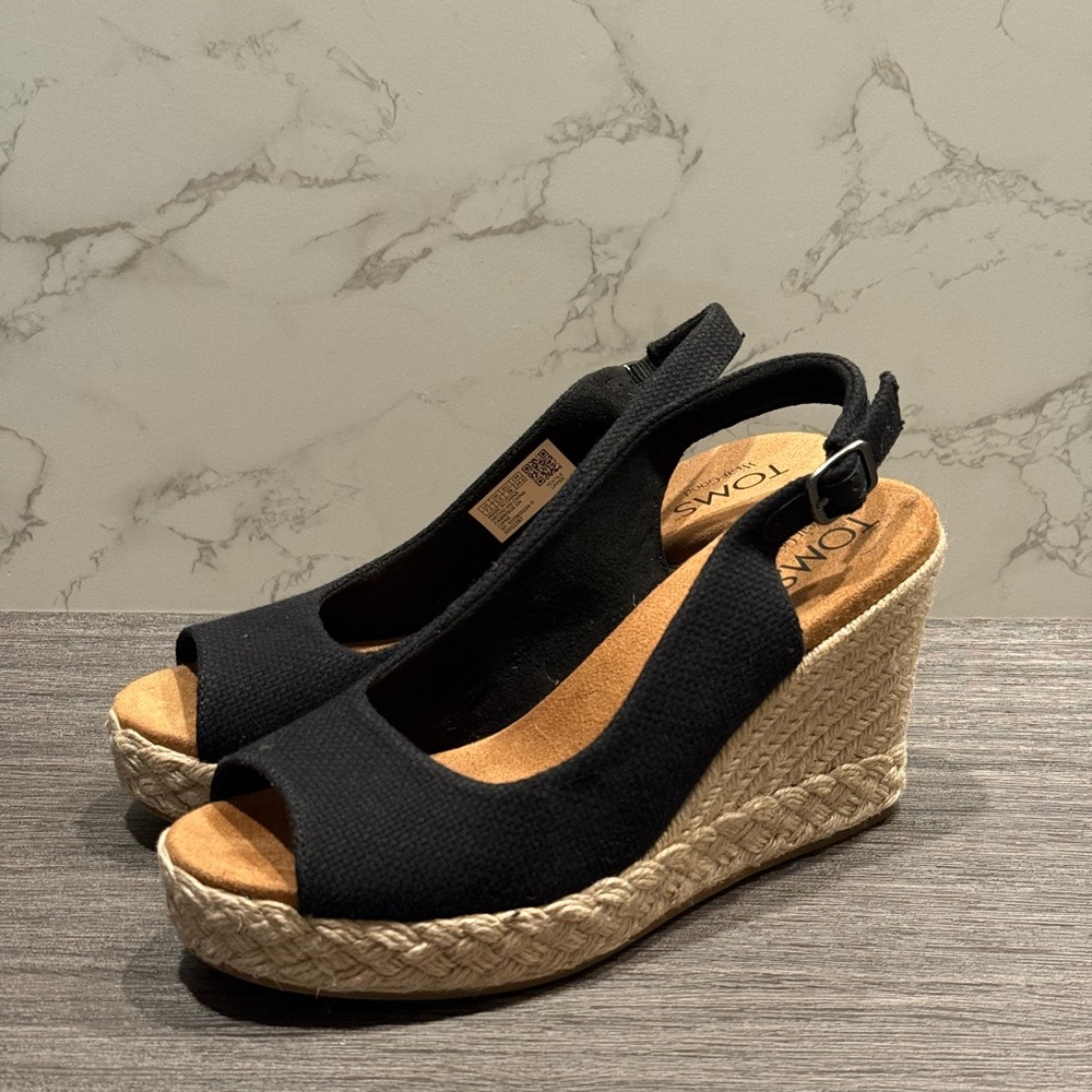TOMS Black Peep-Toe Wedge Espadrilles